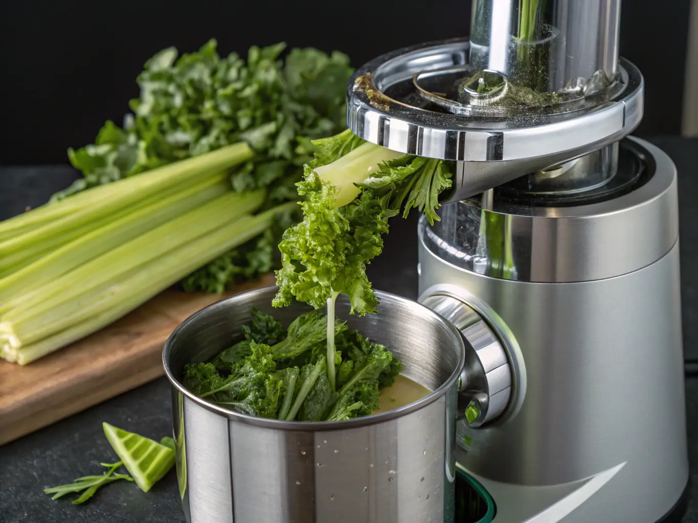 A high-quality masticating juicer slowly pressing juice from leafy greens and other produce, highlighting its ability to extract maximum nutrients.