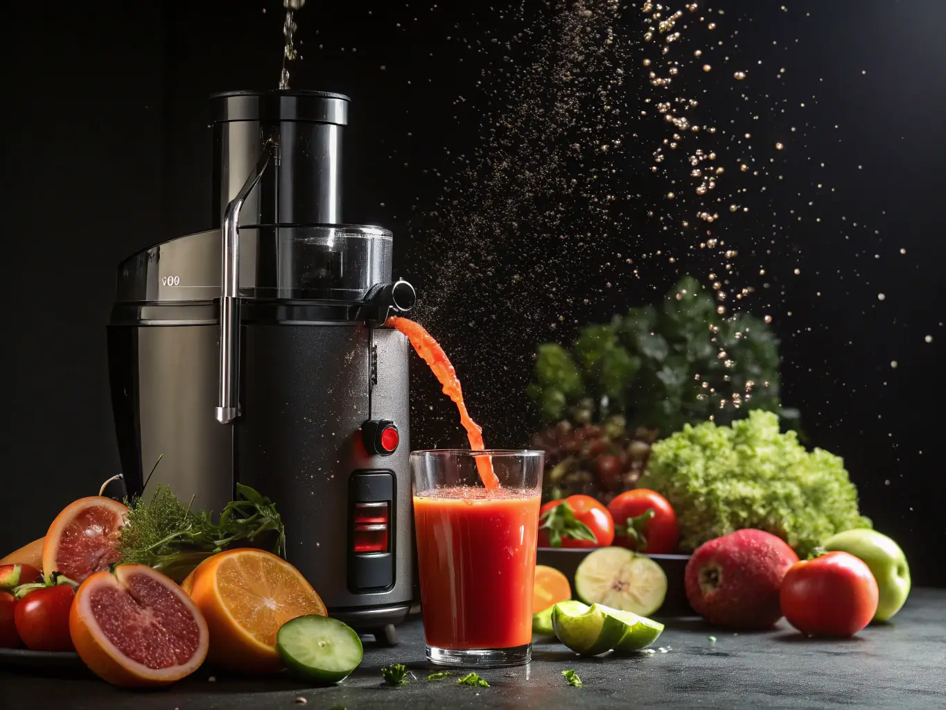 A sleek, modern centrifugal juicer extracting juice from a variety of colorful fruits and vegetables, showcasing its efficiency and ease of use.