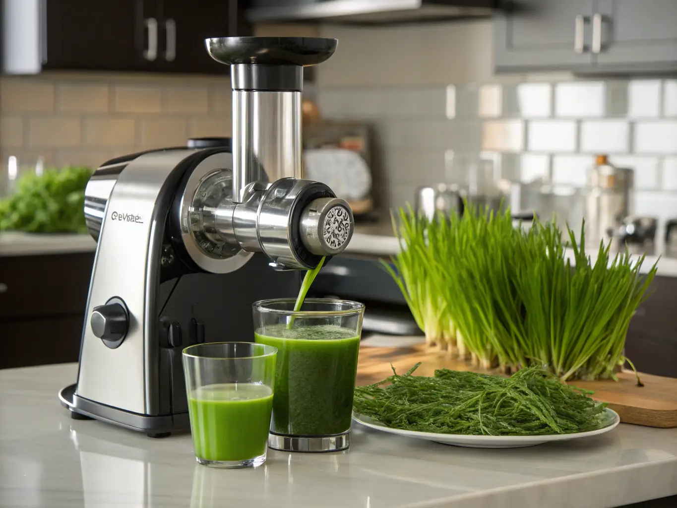 A stylish twin-gear juicer efficiently extracting juice from wheatgrass and other tough ingredients, emphasizing its superior performance and juice quality.