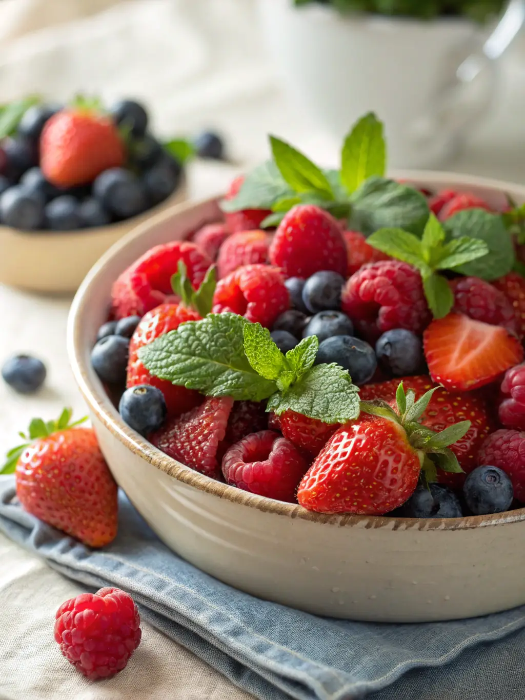 A refreshing image of a glass of mixed berry juice, showcasing strawberries, blueberries, and raspberries, with a focus on the antioxidants.