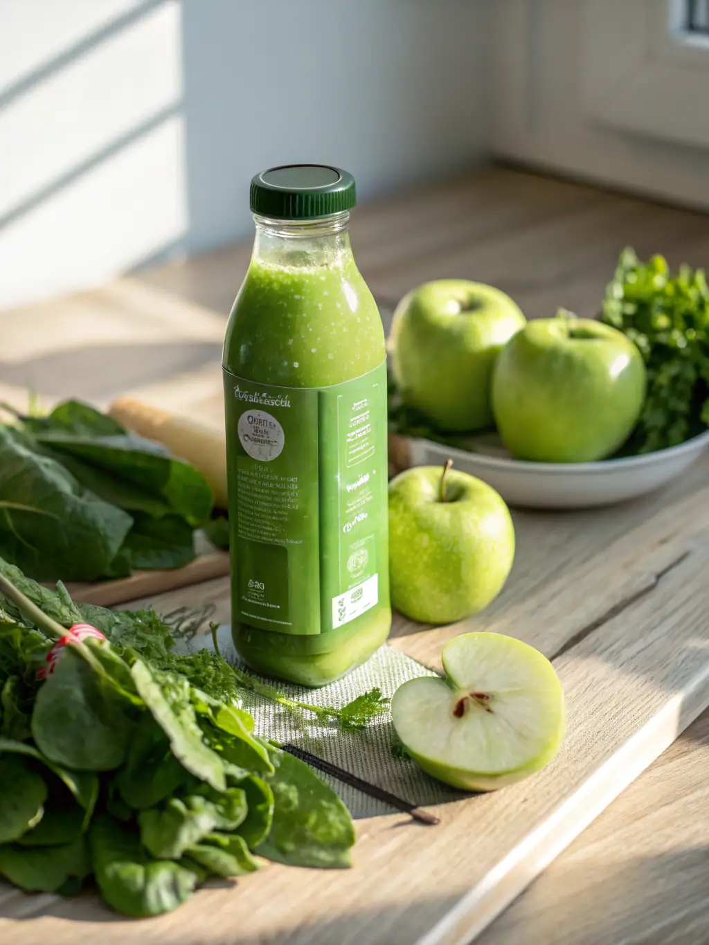 A vibrant image of a glass of green juice, showcasing spinach, kale, and apple slices, with a focus on the healthy ingredients and refreshing look.
