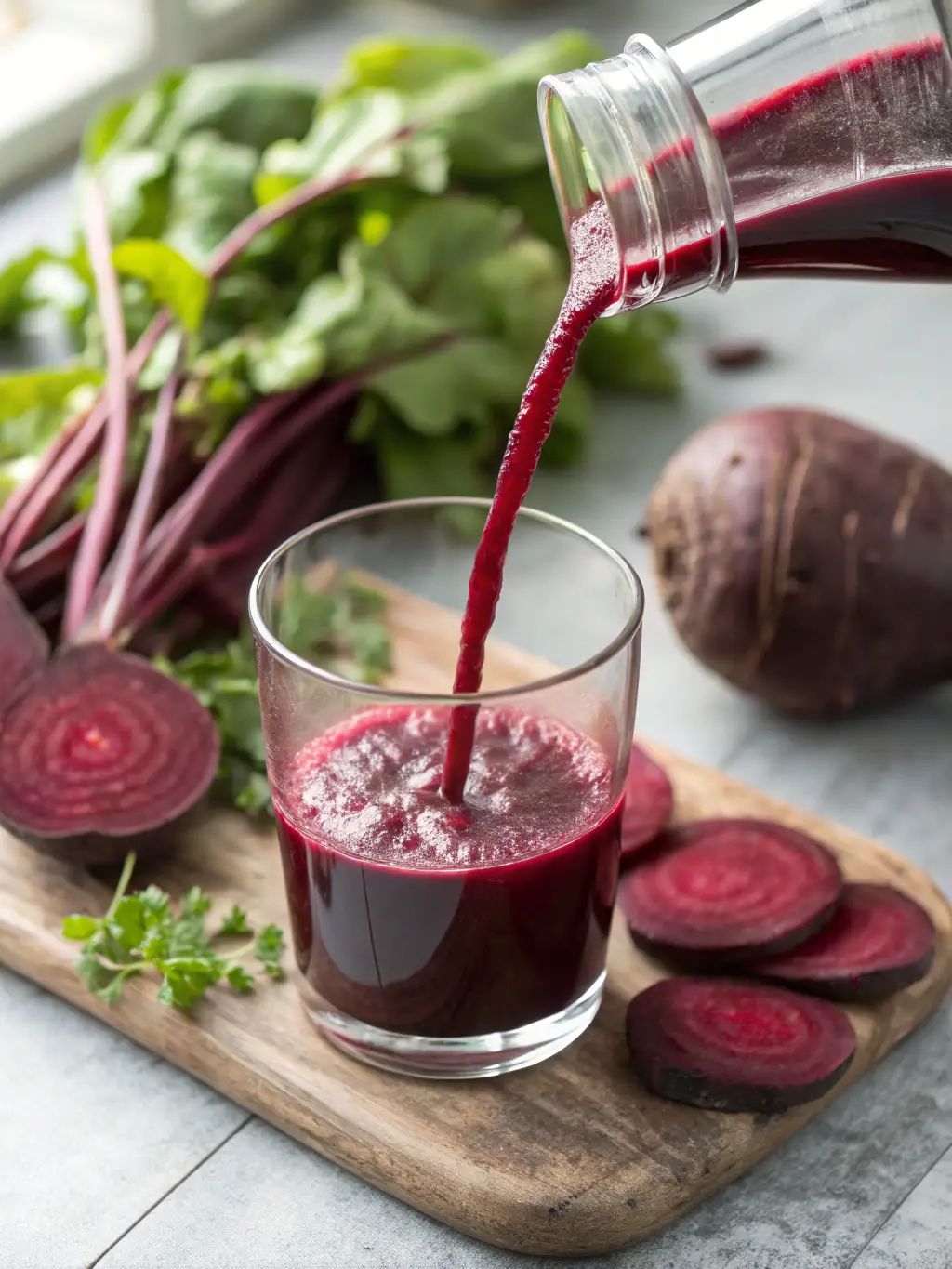 A visually appealing image of a glass of red juice, featuring beets, carrots, and ginger, emphasizing the earthy tones and health benefits.
