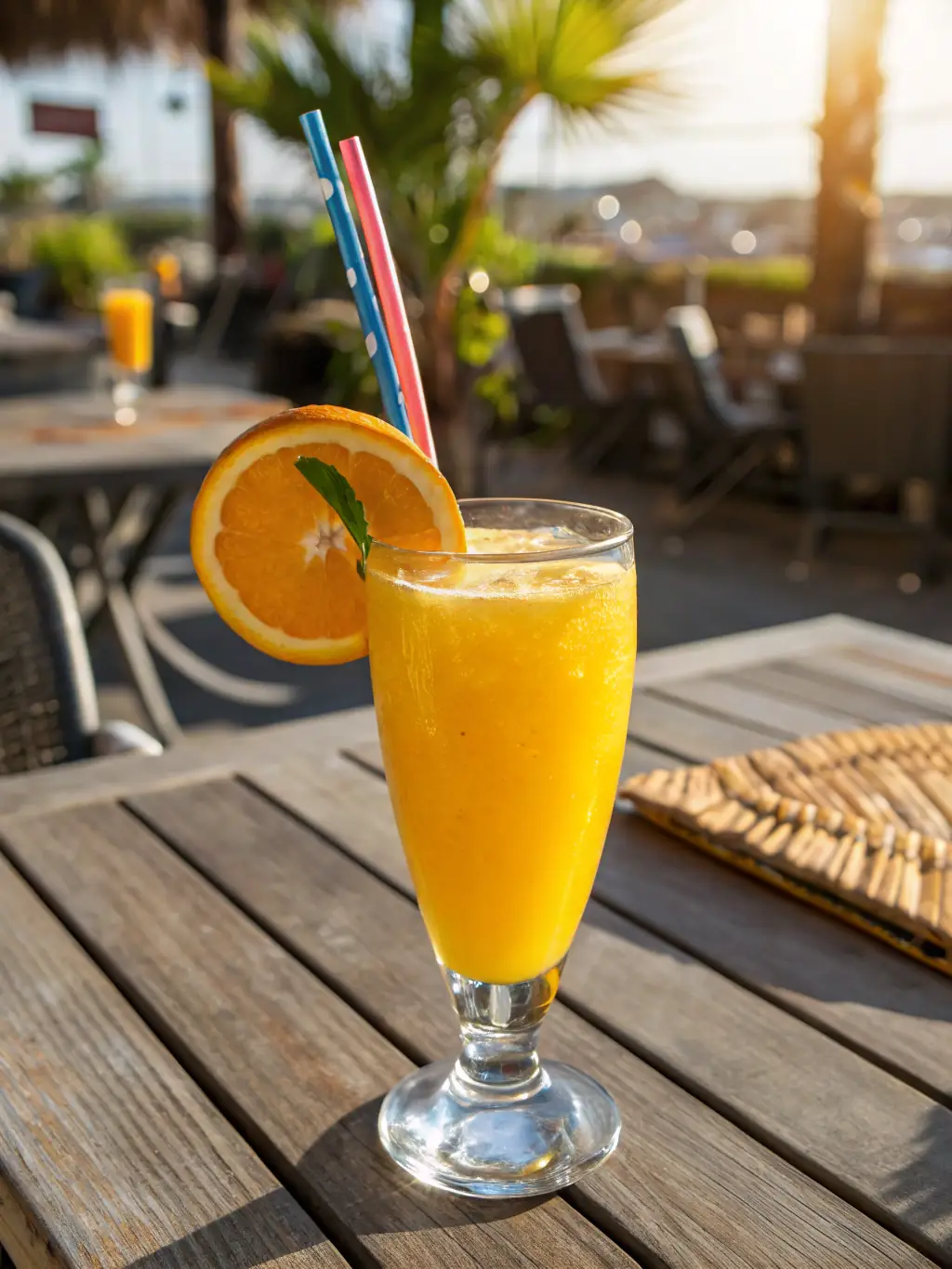 A close-up shot of a glass of orange juice, highlighting the citrus pulp and vibrant color, with oranges and grapefruits in the background.